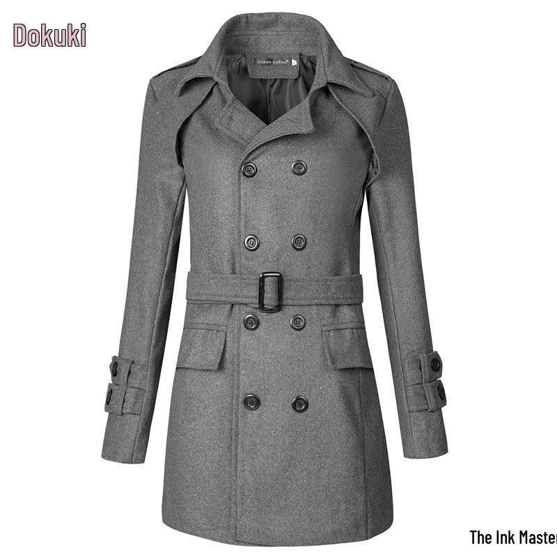 Double-Breasted Grey Wool Trench Coat with Belt - Stylish Men's Winter Outerwear