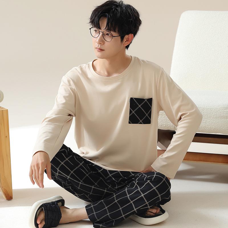 Striped Cotton Men's Long Pajamas Set Spring and Autumn Home Clothes Sleeping Top & Trouser Nightwear Young Boy Pyjamas Hombre