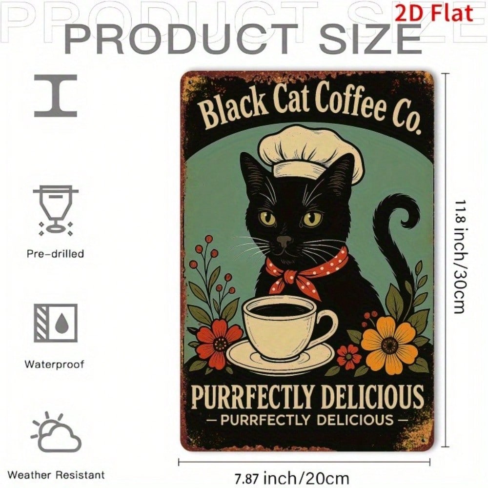 Vintage Black Cat Coffee Tin Sign Retro Metal Wall Art 8x12 Rustic Home Decor