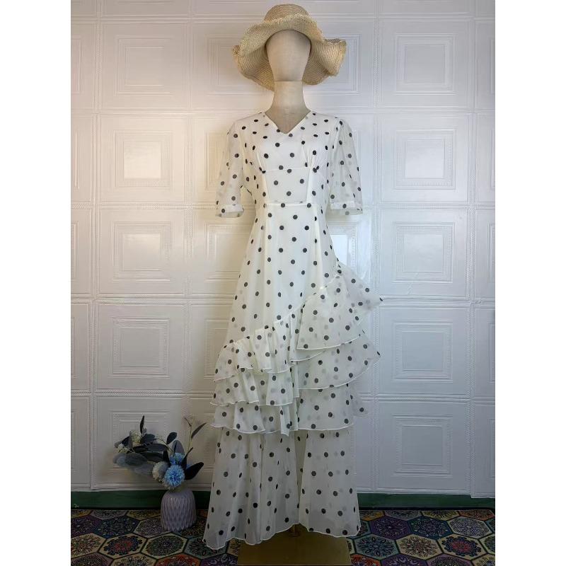 Französisches Elegantes Damen Polka Dot Kleid Sommer Mode Retro V-Ausschnitt Schlank Kurzarm Mehrlagig Rüsche Schnürung Lange Kleider