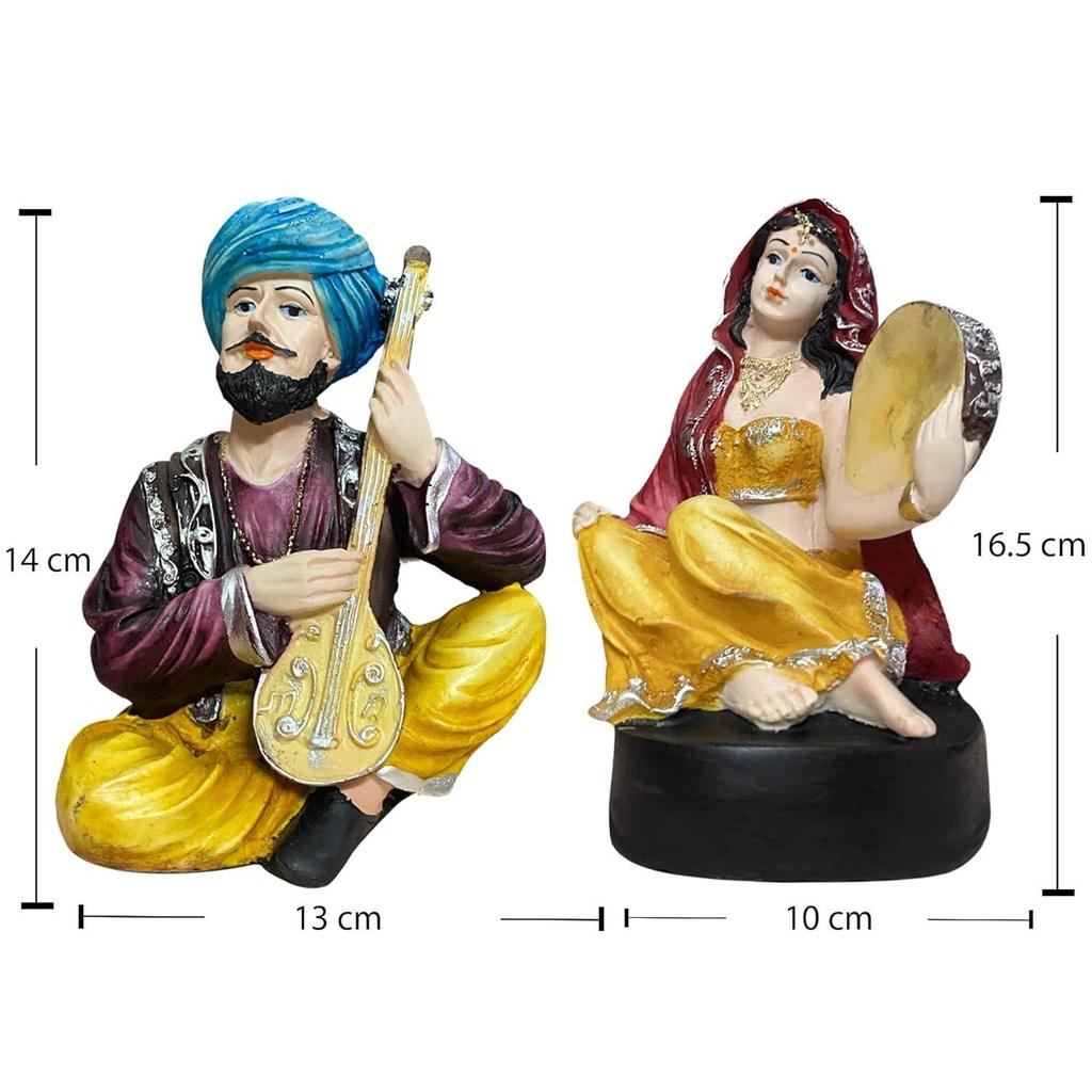 Harz Rajasthani Traditionelles Paar mit Musikinstrumenten für Heimdekoration - (Set aus 2, Mehrfarbig)