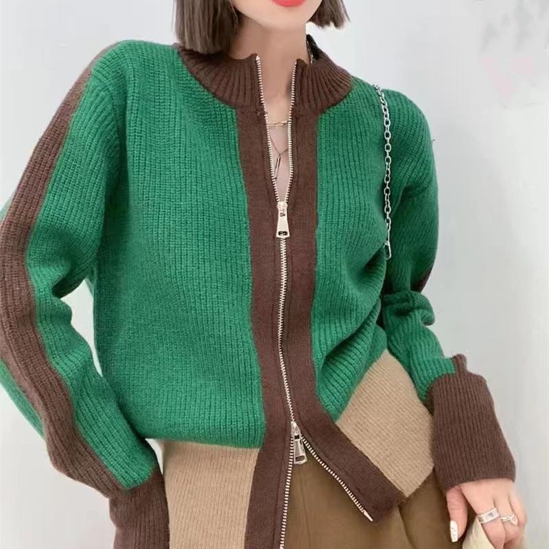 Retro Thickened Knitted Sweater Women's Stitching Zipper Lapel Sweater Cardigan Autumn and Winter Women's Coat