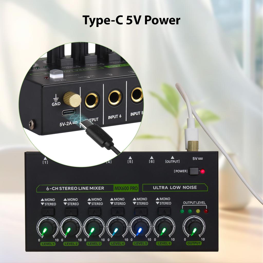6-Channel Audio Mixer Mini Audio Mixer Stereo Mono Switching 6.35mm TRS/TS Input Metal Shell Type-C