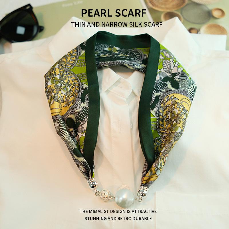 

Элегантный шелковый шарф с магнитной пряжкой и жемчужным ожерельем - стильная цепочка на ключицу для женщин One Size зелёный