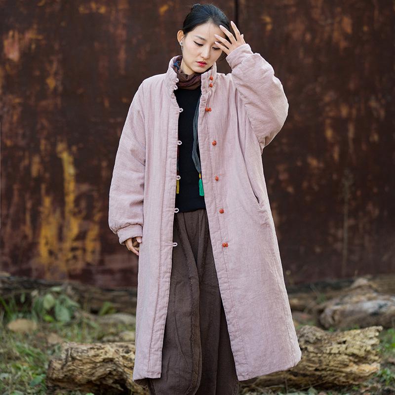 Women's Retro Chinese Style Cotton Linen Jacket with Plate Buckle - Sand Washed, Loose Fit, Padded Warmth