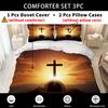 Latacaca 3pcs Christian Cross Duvet Cover Set 1 Duvet Cover + 2 Pillowcases Featuring A Beautiful Sunrise Over The Cross