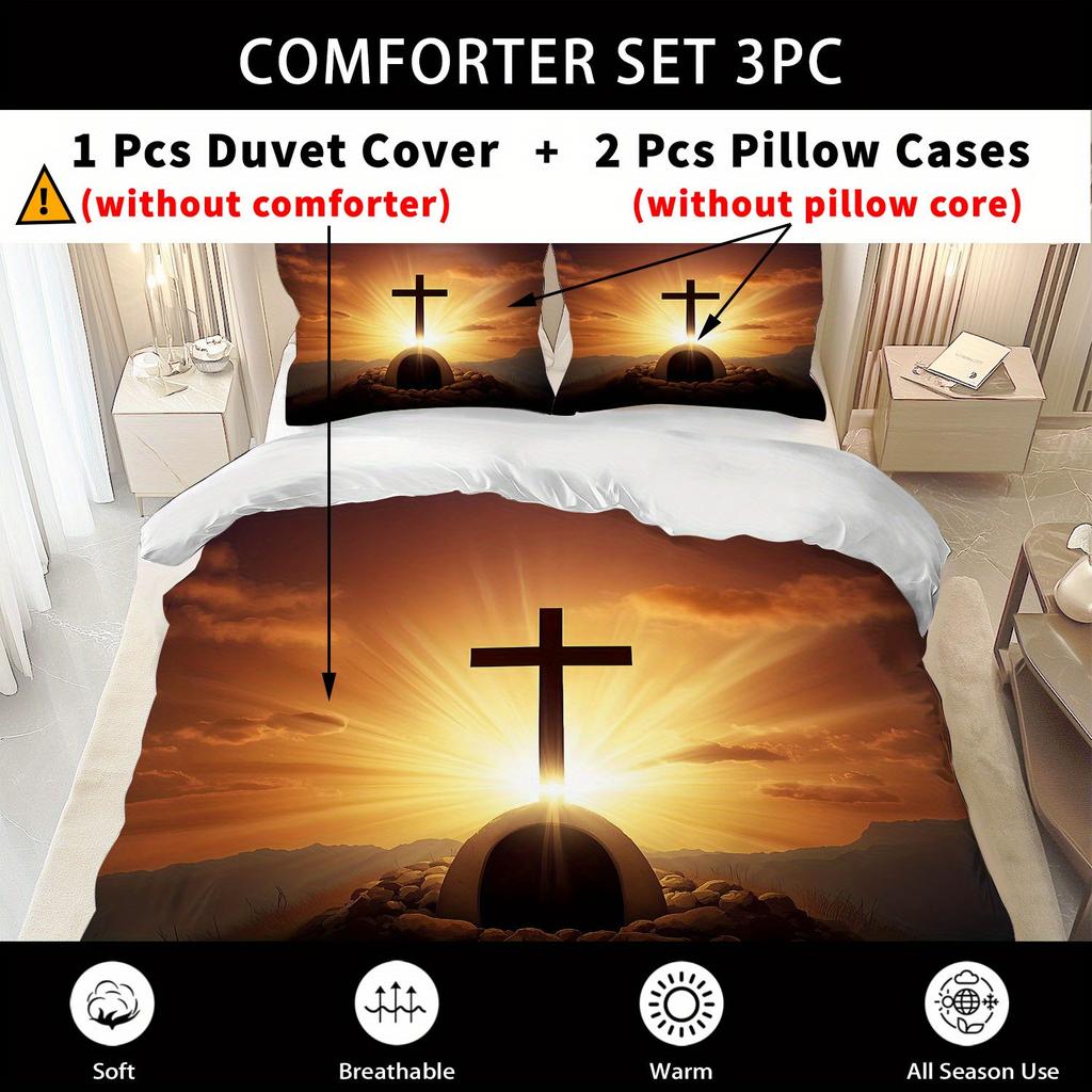 Latacaca 3pcs Christian Cross Duvet Cover Set 1 Duvet Cover + 2 Pillowcases Featuring A Beautiful Sunrise Over The Cross