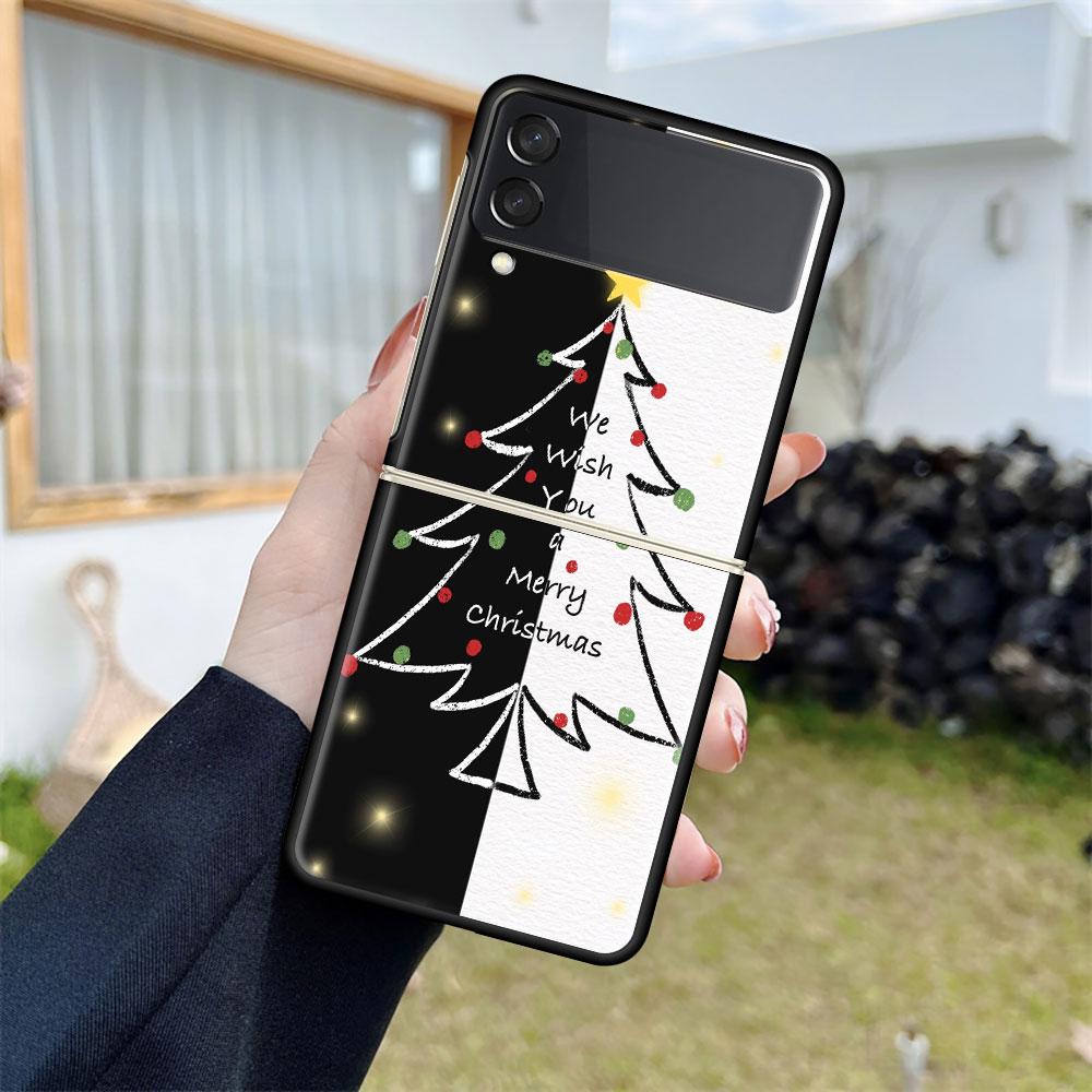 Luxury Case For Samsung Galaxy Z Flip 4 3 5G Black PC Hard Phone Cases Fashion Back Cover ZFlip Funda Merry Christmas Shell Capa