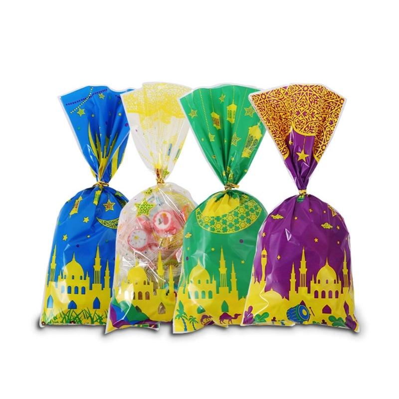100pcs Eid Mubarak Gift Bags with Rope Moon Stars Biscuits Packaging Holder