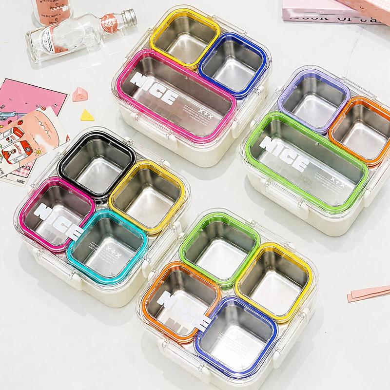 304 Stainless Steel Bento Box 3/4 Grid Leak-Proof Sealed Microwave Safe for Back to School Student Gift Use