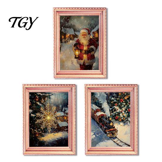 Christmas Refrigerator Magnets 3Pcs Light-up Frame Magnet, Vintage Wooden Picture Frames with Lights Fridge Glowing Magnetic Holder for Cabinet Locker