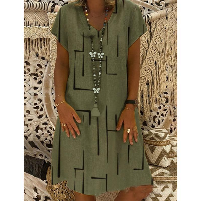 Spring Oversize  Print V-neck Short Sleeve Loose  Dresses Summer Elegant Casual Trendy Lady Clothes