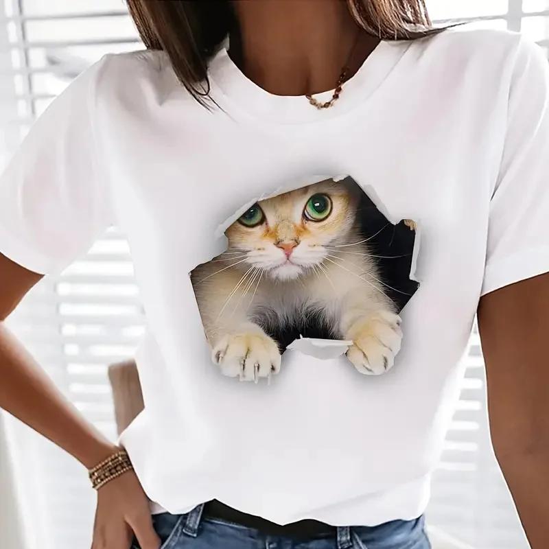 

Футболка с круглым вырезом и принтом милого кота, повседневная футболка с коротким рукавом на весну и лето, женская одежда M белый
