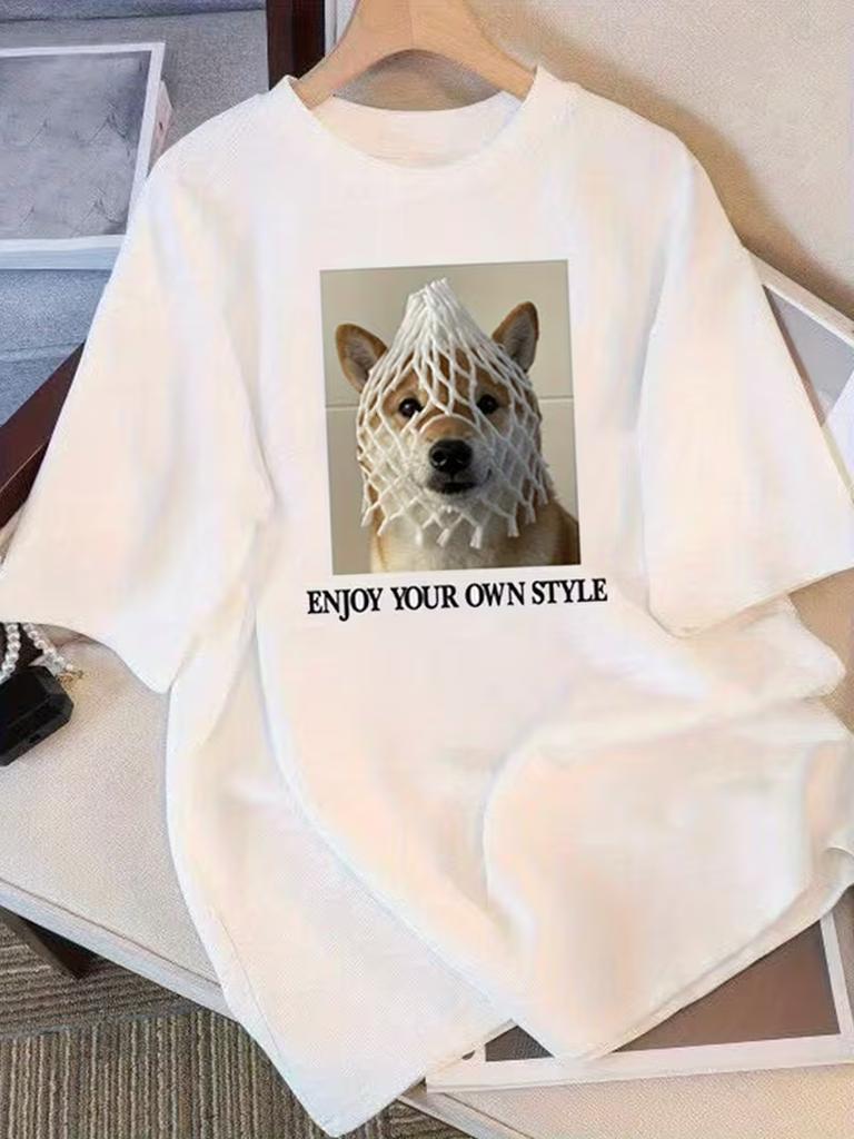 Cute Dog Print Crewneck Short Sleeve Top Casual Cotton Graphic Tshirt Unisex With Playful Cartoon Pet Design For Animal Lovers