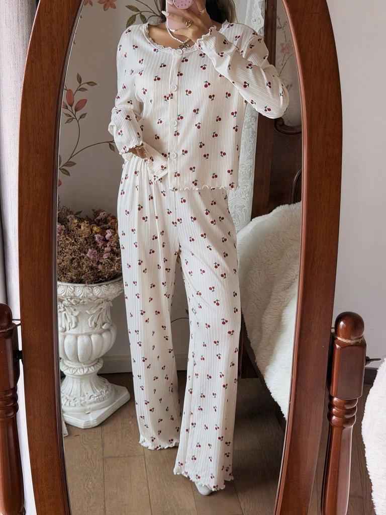 Women's European & American Lace Cardigan Pajama Set, Long-Sleeved Top & Pants, Autumn/Winter Style