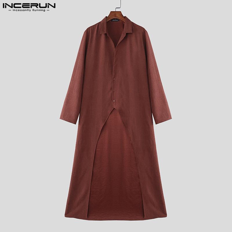 INCERUN Men Lapel Neck Long Sleeve High Splits Irregular Long Shirts Tops