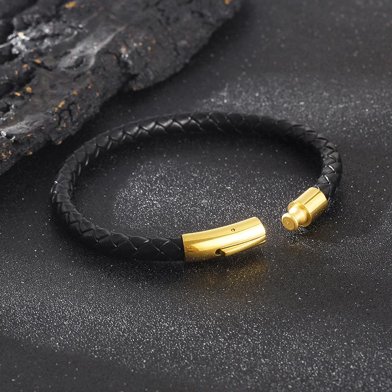 Men's Leather Rope Bracelet with Stainless Steel Snap Button - Minimalist and Trendy Design