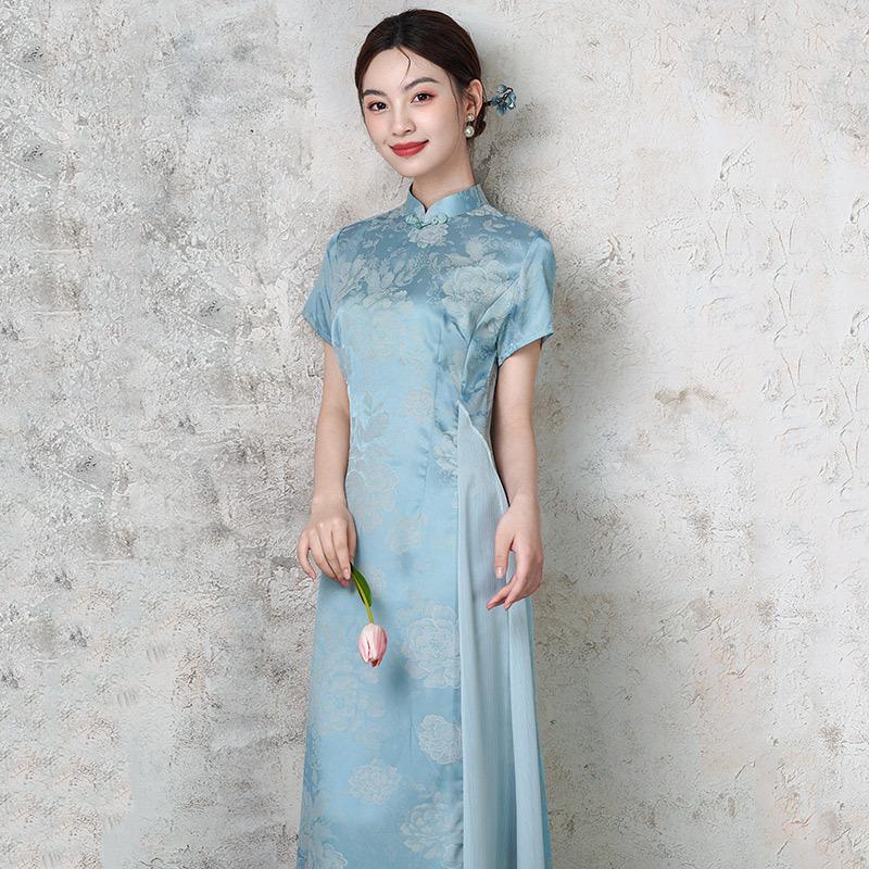Mavi Aodai ulusal tarz yeni Çin cheongsam geliştirilmiş genç 1011 yeni kadın retro kısa kollu elbise yaz