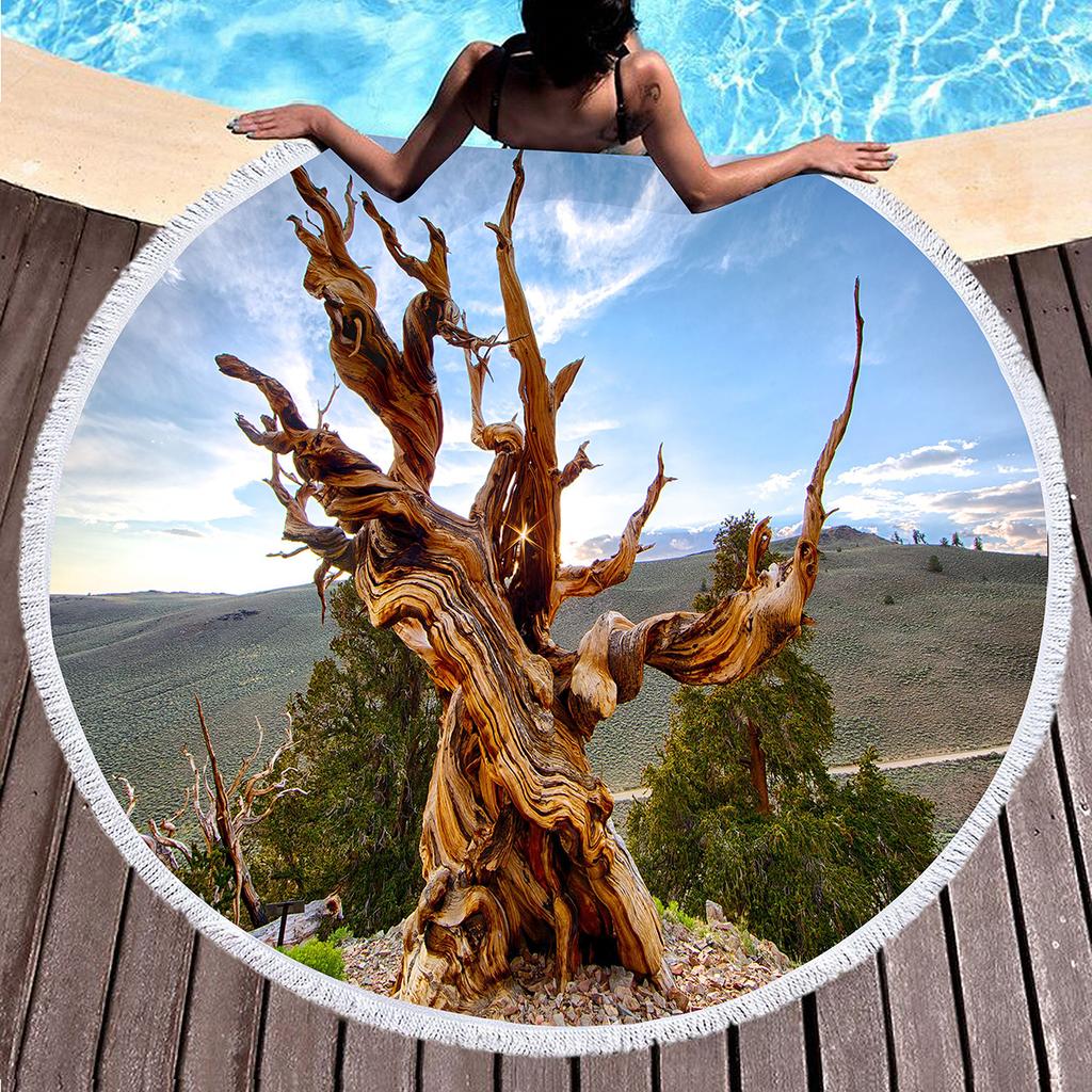 Big Tree Print Round Beach Towels, Polyester Sand Resistant Shawl Beach Blanket,Soft Absorbent Quick Dry Pool Towel Picnic Mat