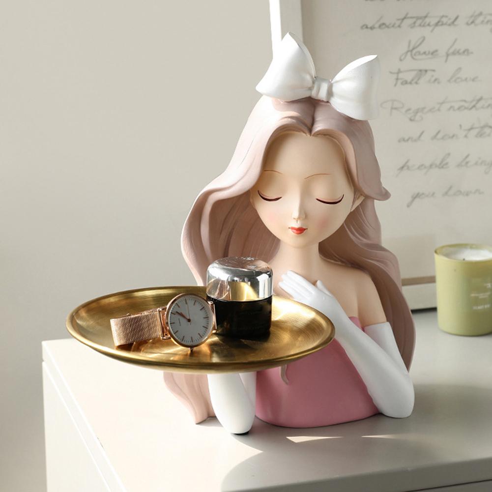 Cute Girl Storage Decor with Pallet Resin Sculpture Decor Entrance Crafts Candy Sundries Household Supplies for Home Living Room