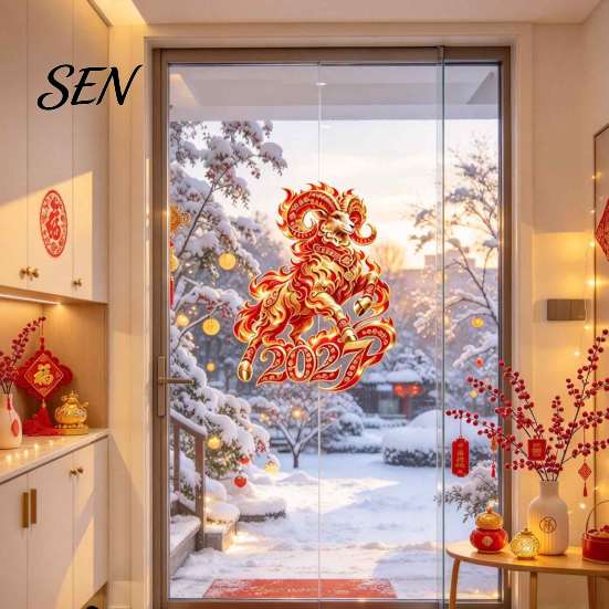 Decorative PVC Window Film 2027 Russian New Year Flame Goat Static Glass Sticker, Zodiac Sheep Cling, Red and Gold Storefront Holiday Display Stickers