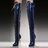 Sexy Damen Vintage 16CM Metallabsatz Glänzend Lackleder Seitenschnürung Oberschenkelhoch Überknie Stiefel Spitze Clubschuhe