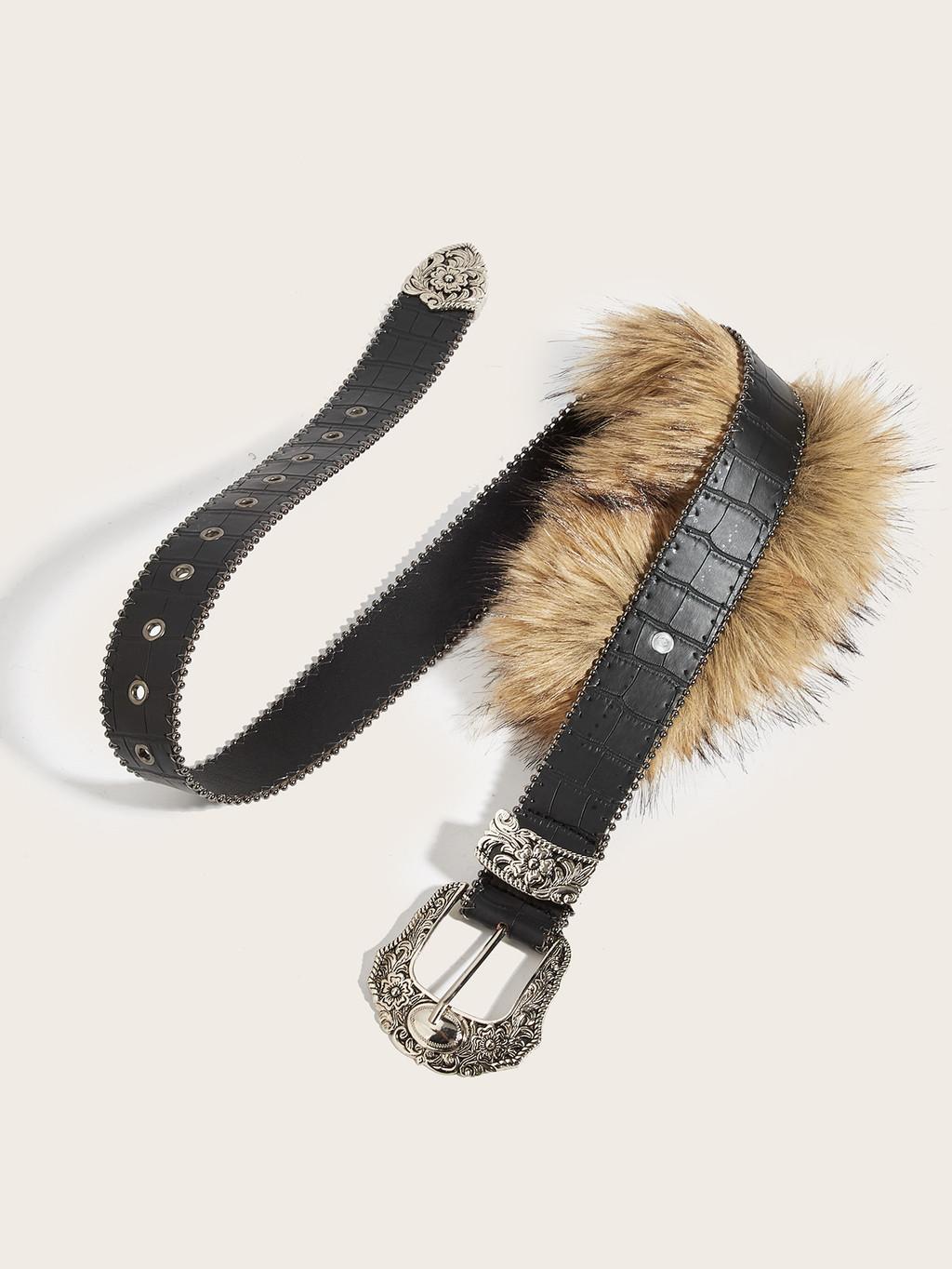 

Fashion Pu Leather Belt With Metal Buckle And Plush Embellishments For Women
