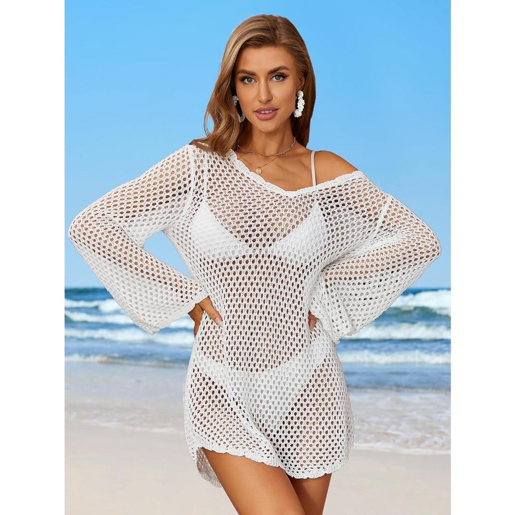 CHARMLEAKS Häkel-Badeanzug-Überzug für Damen, Glockenärmel, Strand-Überzüge, rückenfrei, Badeanzug-Überzüge, gewellte Bikini-Bademode