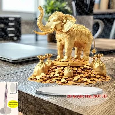 1PCS Auspicious Golden Elephant Faux Leather Acrylic 2D Printed Desktop Decoration for Home And Office Decor