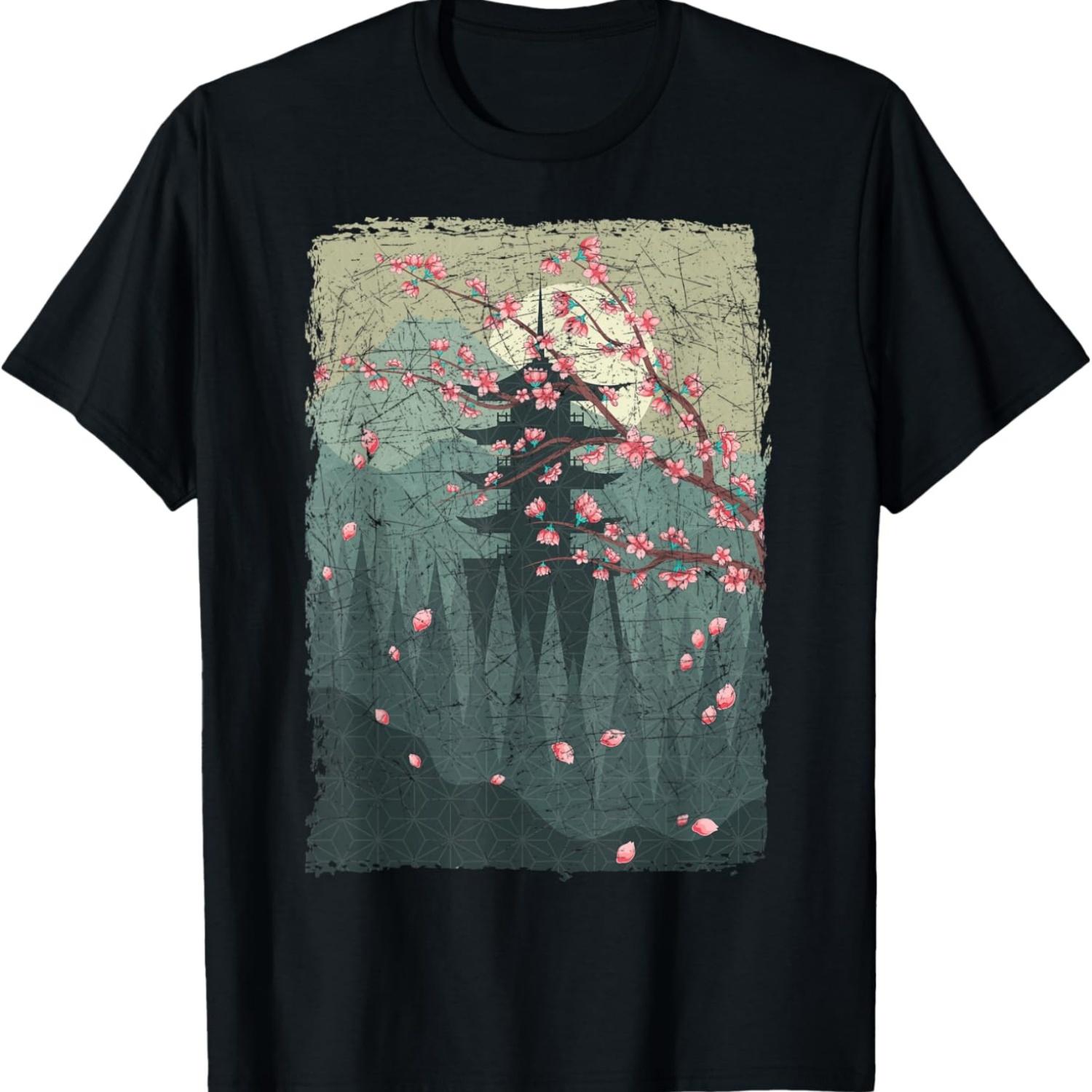 Sunset Sakura Pink Flower Japan Cherry Blossom T-Shirt S чёрный