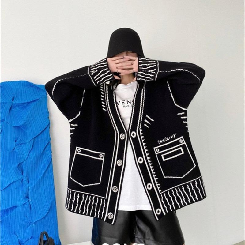 Graffiti Casual Knitted Sweater Cardigan Women New Autumn and Winter Long Sleeve Loose Women's Cardigans Jacket V Neck Vintage Pockets Sweaters 25290