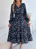 Spring Autumn Casual Woman Dress V Neck Long Sleeve Lotus Leaf Edge Floral Print Long Dress Elegant Women Clothing