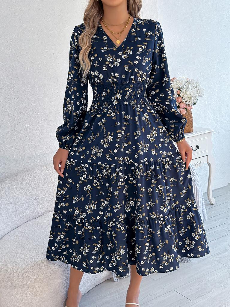Spring Autumn Casual Woman Dress V Neck Long Sleeve Lotus Leaf Edge Floral Print Long Dress Elegant Women Clothing