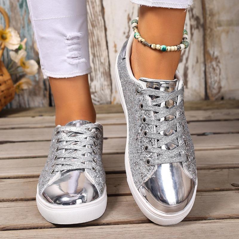 Fashion Korean Version of Trendy Women's Shoes 2025 New Metal Sequin Lace-up Flat Low-top Board Shoes Sports and Casual Versatile