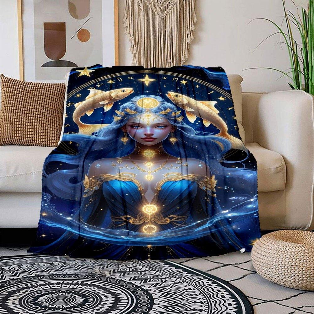 

Zodiac Pisces Goddess Dress - Celestial Blue with Gold Accents Blanket Flannel Throw Blanket for Sofa, Bed, Travel, Camping, Office, Couch, 150x180cm