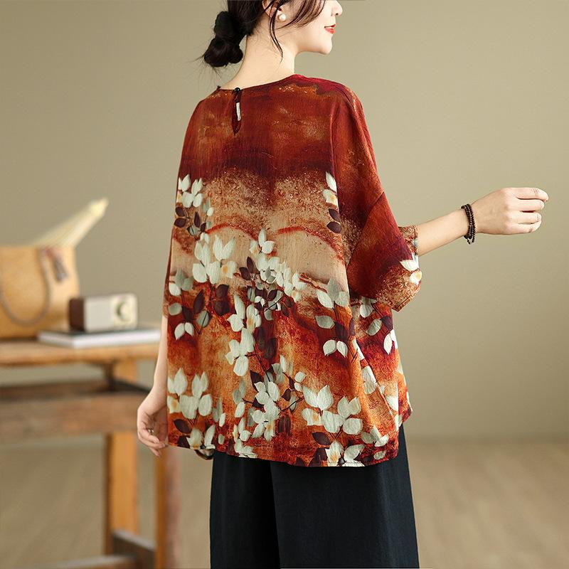 Ethnic Style Large Size Wide Panasonic Swing Doll Shirt Summer Blouse Ethnic Style Print Loose Round Neck Comfortable T-shirt for Women