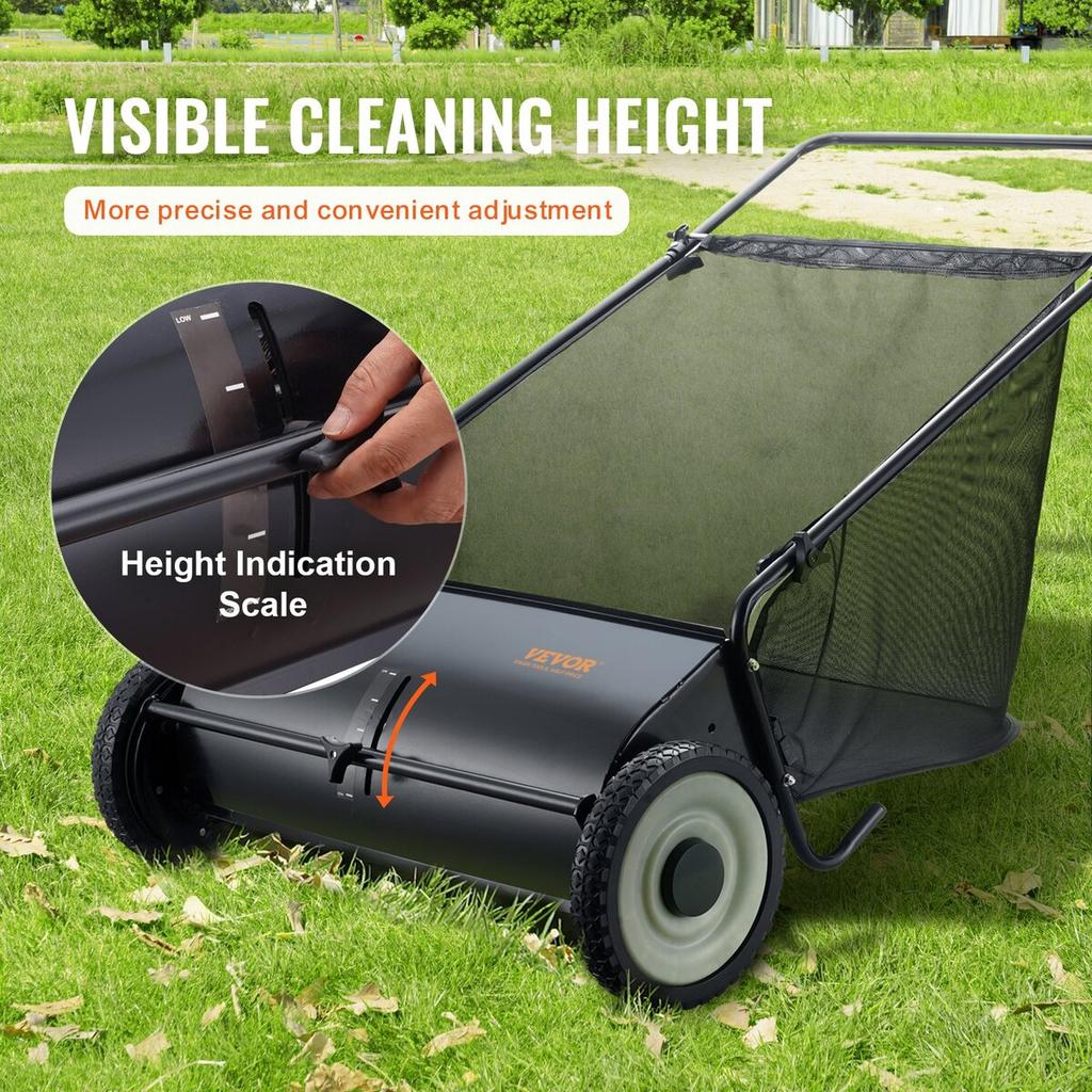 Push Lawn Sweeper, 26-inch Leaf & Grass Collector, Strong Rubber Wheels & Heavy Duty Thickened Steel, Durable to Use with Large Capacity 7 cu. ft.