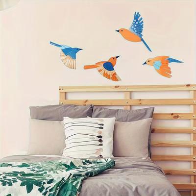 Yousheng 4Pcs Wooden Bird Wall Decoration Three-Dimensional Flying Birds Wall Art DIY Waterproof Wall Stickers for Indoor Outdoor Rustic Home