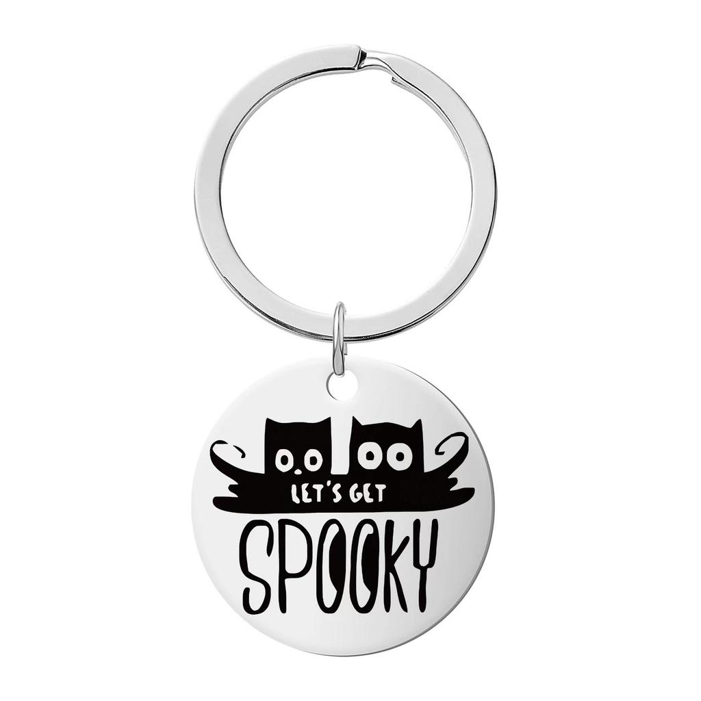 Halloween Keychain Pendant Stainless Steel Laser Engraved Round Tag Hanging Ornament Jewelry Stainless Steel Keychain for Backpack Bag Pendant