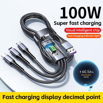 Câble de charge rapide transparent 3 en 1 100 W Type C USB Micro pour iPhone Samsung Huawei Xiaomi Chargeur de lampe pilote USB C