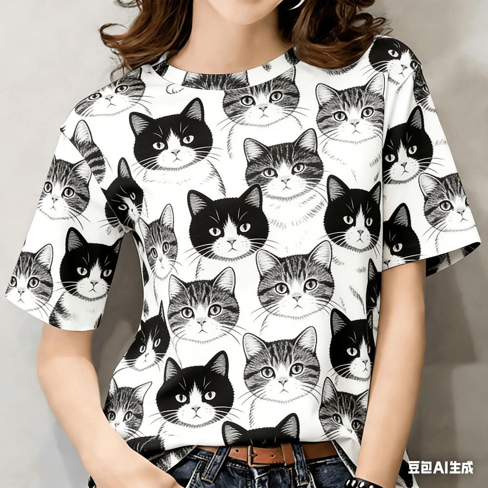 Women s T-shirt - Casual Printed Flower and Cat Pattern | Short Sleeve XXS