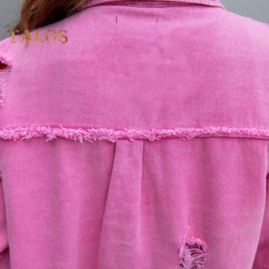 Women Denim Jacket Retro Single-breasted Ripped Hole Turn-down Collar Long Sleeves Solid Color Flap Pockets Lady Coat Commuting Shopping Coat