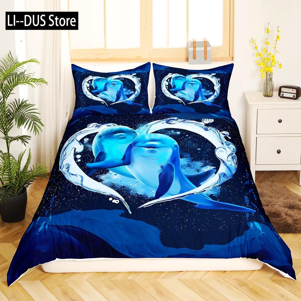 Galaxy sängkläder delfin täcke för barn vuxen påslakan havsdjur sängöverkast stjärnhimmel blå rumsdekor 3 delar