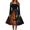 Women's Casual Vintage Halloween Print Dress Square Neck Long Sleeve Fit Flare Midi Dress with Waist Tie for Seasonal Occasion