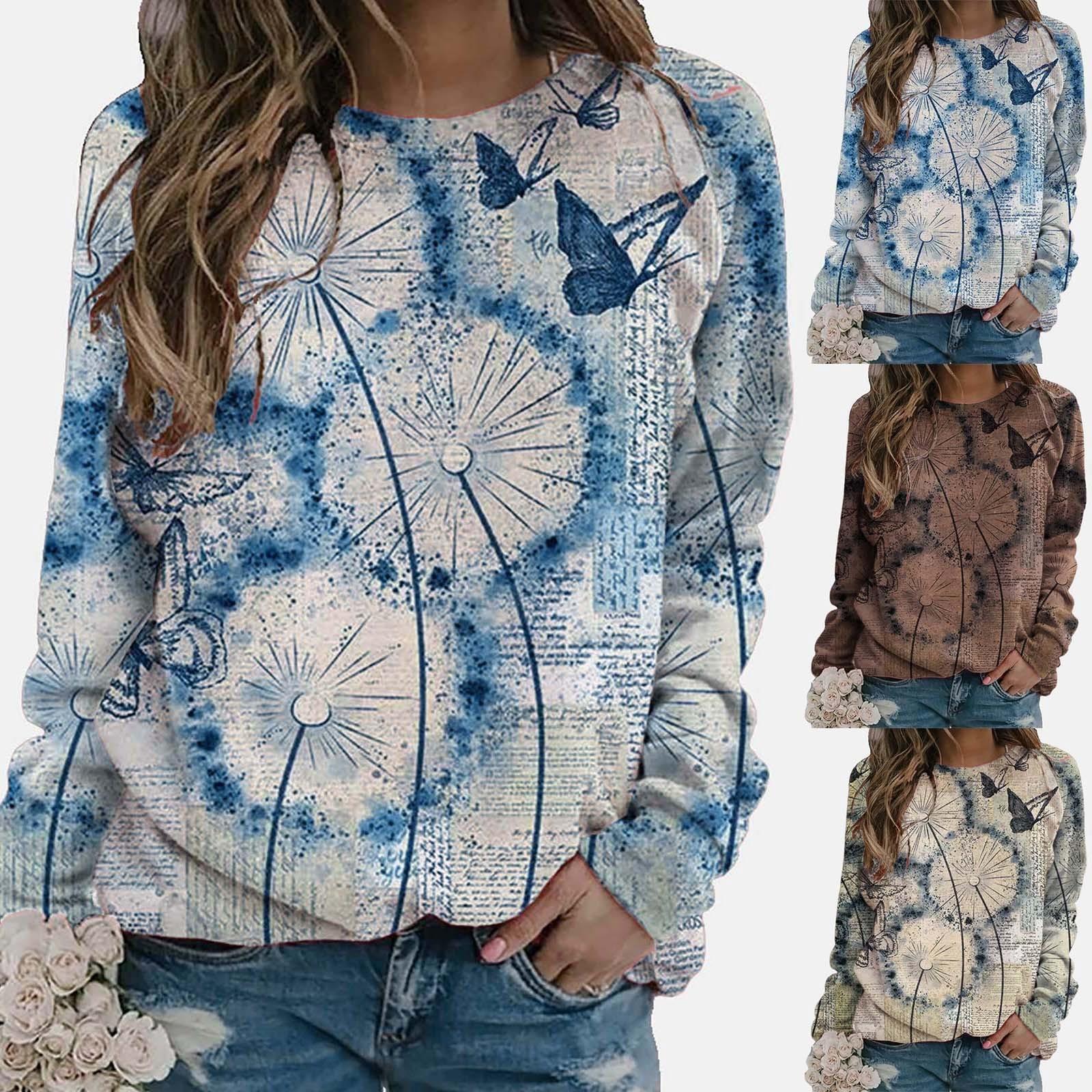 

Женская мода с цветочным принтом бабочки и длинными рукавами, футболка, свитер, топы