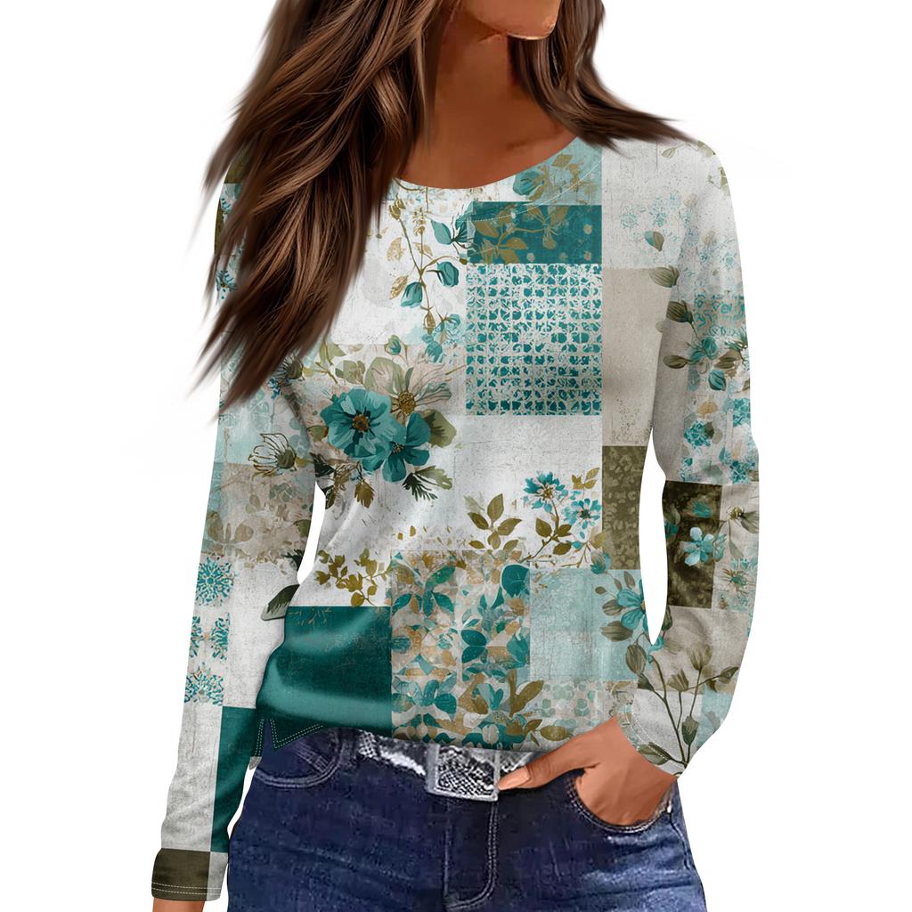 Women's Fashion Hem Slit Casual Retro Floral Print Round Neck Long Sleeve Top
