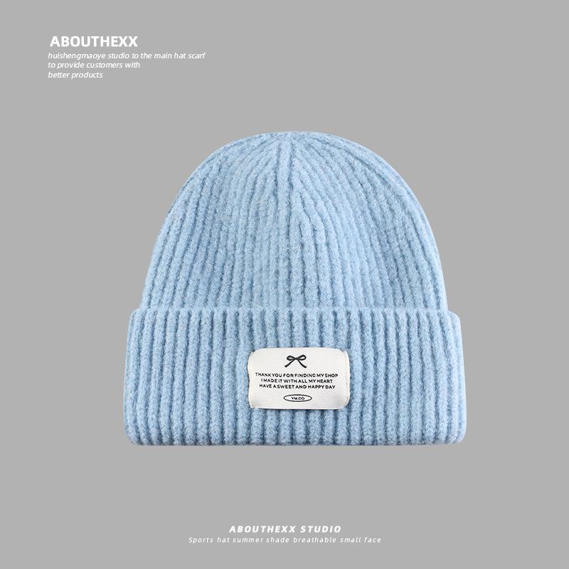 Autumn and Winter Wool Hat for Women Showing Face Small Warm Ear Protection Knit Hat Bow Letter Cloth Label Cold Hat Pullover Hat Men