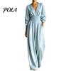 Lightweight Polyester Jumpsuit Women's Long Sleeve Jumpsuit, Deep V Neck Loose Wide Leg Comfortable Women Rompers, High Waist Summer Casual One Piece