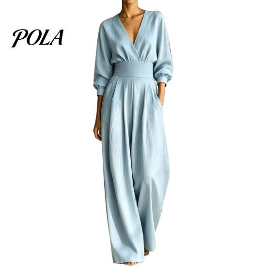 Lightweight Polyester Jumpsuit Women's Long Sleeve Jumpsuit, Deep V Neck Loose Wide Leg Comfortable Women Rompers, High Waist Summer Casual One Piece