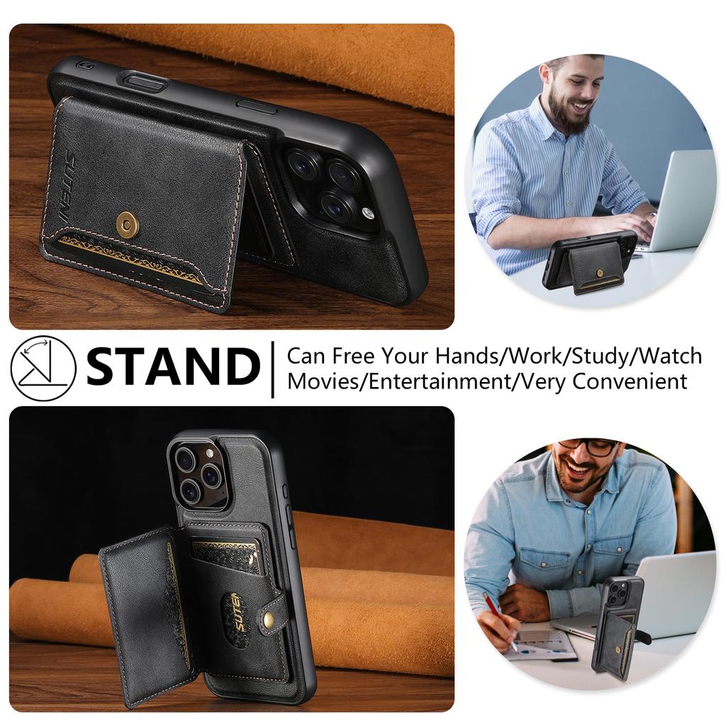 SUTENI M4 For iPhone 16 Pro Magnetic Case with Card Holder Cowhide Texture Leather Back Cover